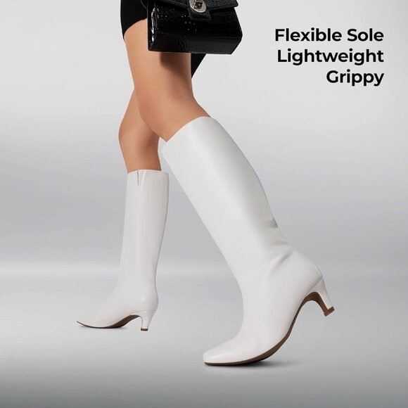 Women White Knee High Boots 2 Inch Kitten Heel Fashion Sexy Square Toe Wide Calf - Picture 4 of 8
